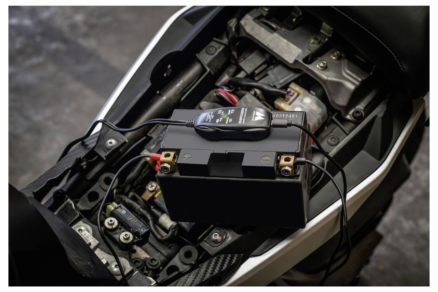 Nahaufnahme eines Motorrad-Batteriefachs mit einem an der Batterie angebrachten Batterieladegerät/Tester, das durch Kabel verbunden ist.