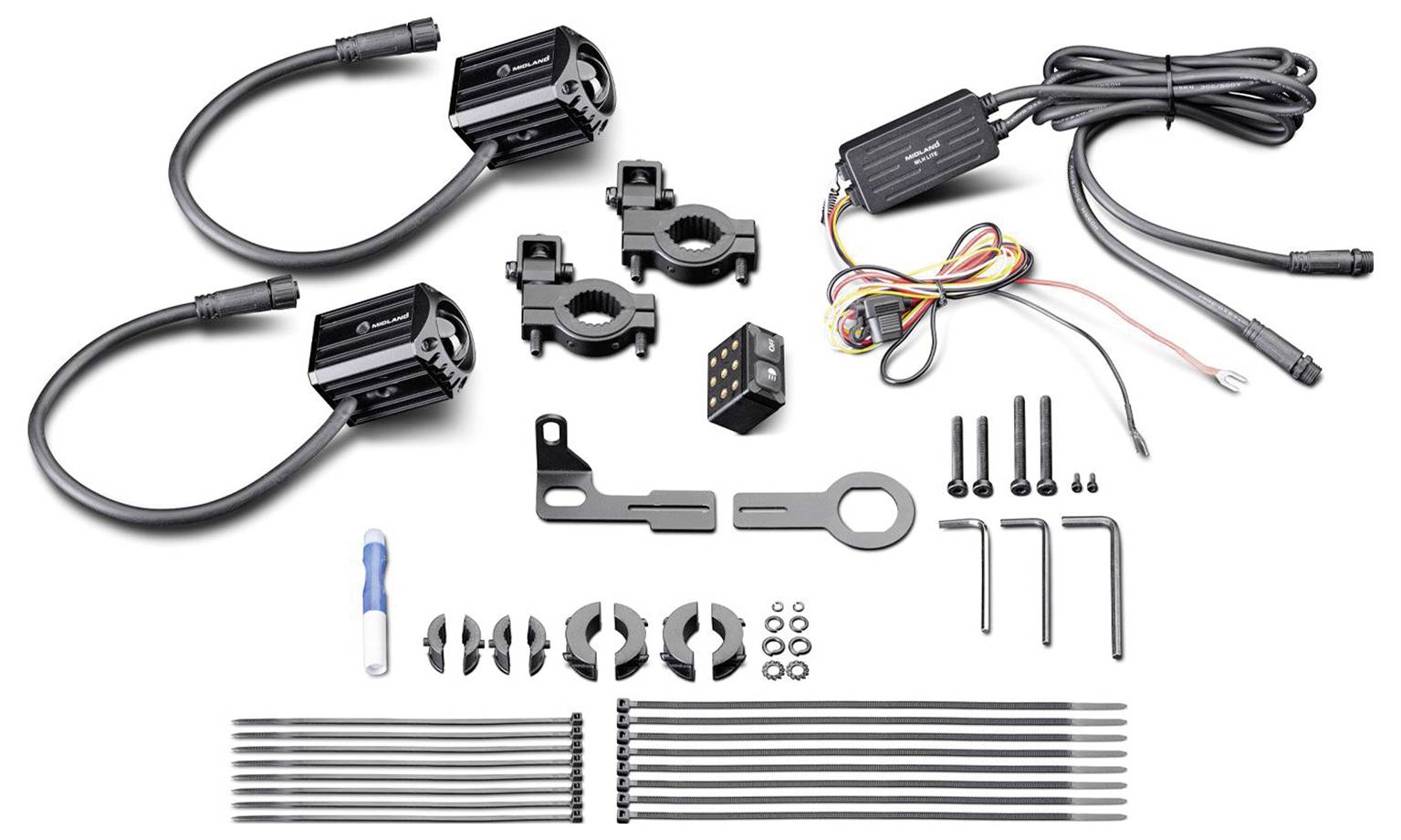 Motorrad-LED-Fahrlicht-Verkabelungsset mit zwei Leuchten, Steuermodul, Montageclips, Halterungen, Schrauben, Innensechskantschlüsseln, Kabelbindern und Steckverbindern.
