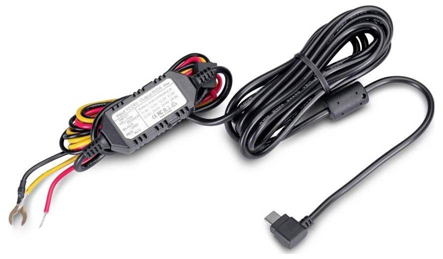 Ein Stromadapter-Kabel mit integrierter Steuerbox, mehreren farbigen Drähten und einem langen schwarzen Kabel, das in einem Stecker endet.