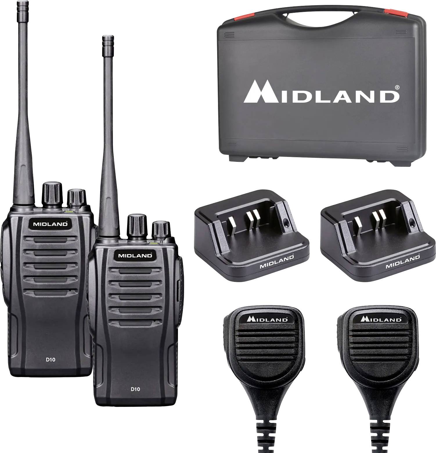 Midland-Funkgeräte-Set mit zwei Funkgeräten, Transporttasche, zwei Ladestationen und zwei Lautsprecher-Mikrofonen.