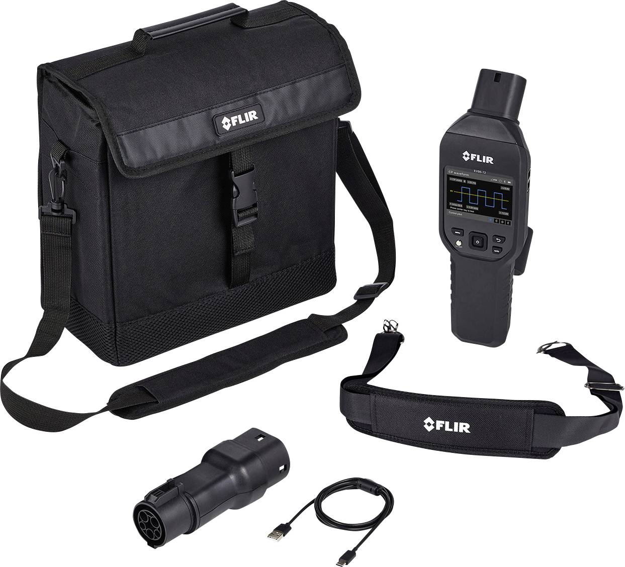 FLIR tragbare Inspektionskamera mit Tragetasche, Riemen, abnehmbarem Sensor und USB-Kabel auf weißem Untergrund.