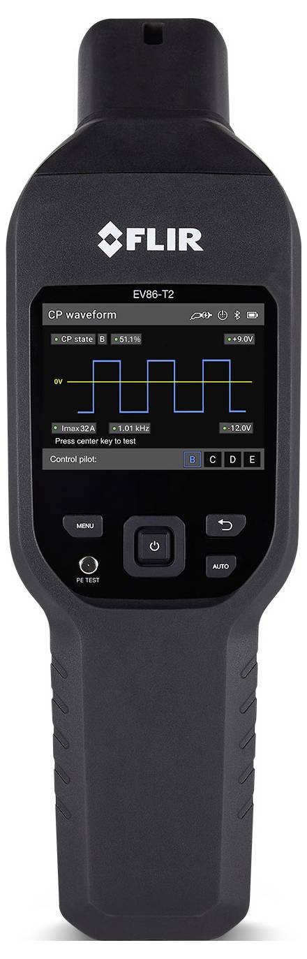 Tragbarer FLIR EVB-12 Tester, der ein Wellenformdiagramm auf seinem Bildschirm anzeigt, mit Steuertasten darunter zum Testen von Ladeausrüstungen für Elektrofahrzeuge.