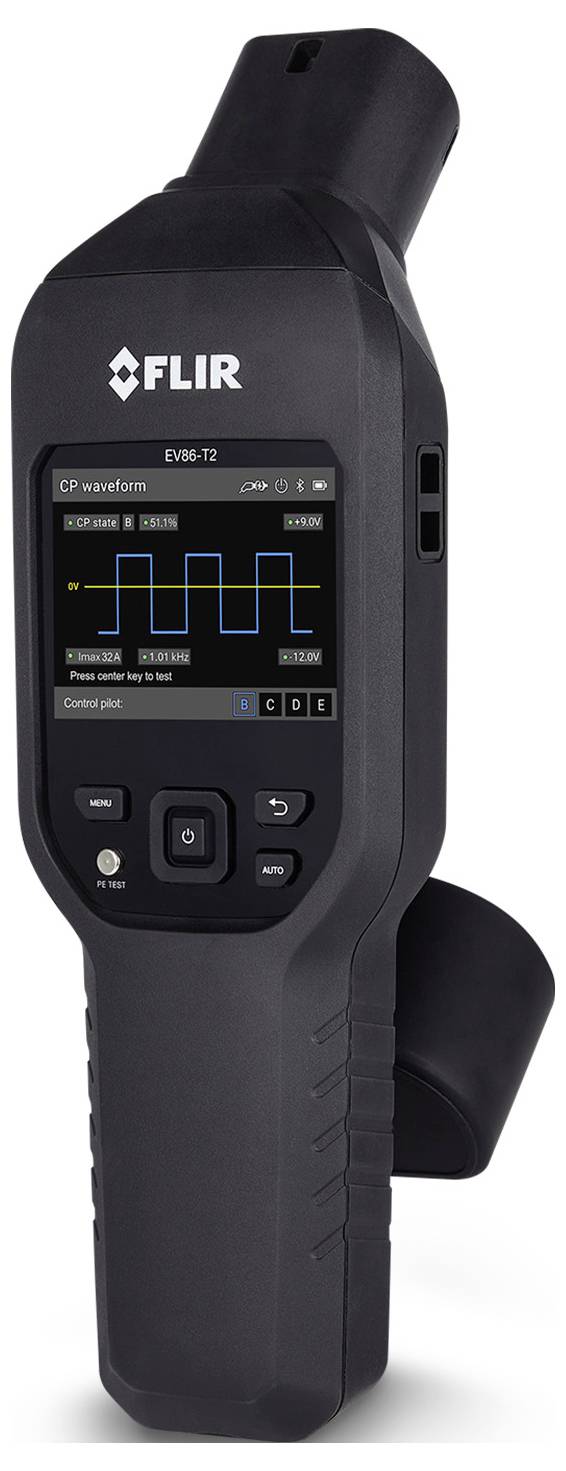 FLIR EVSE-2 tragbares Testgerät, das ein Wellenformdiagramm auf seinem Display anzeigt, wird verwendet, um die Signale von Elektrofahrzeug-Ladesäulen zu überprüfen.