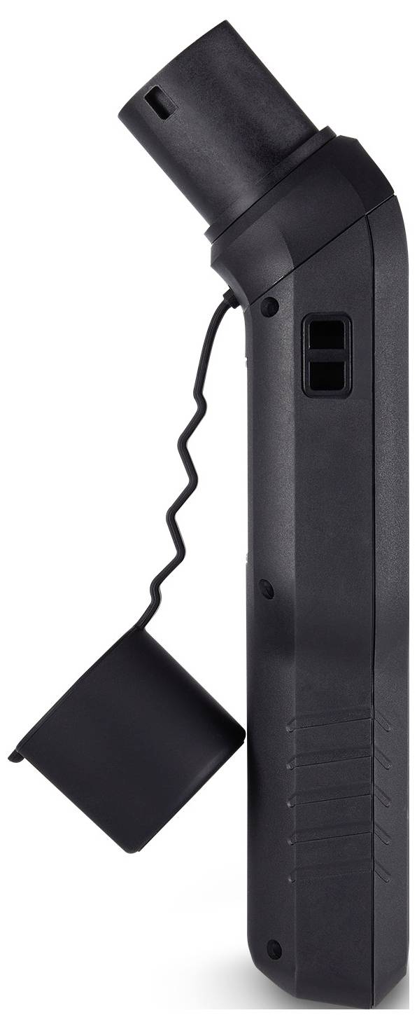 Tragbares schwarzes Gerät mit einem baumelnden quadratischen Sensor oder einer Abdeckung, die durch ein welliges Kabel verbunden ist, in einer Seitenansicht auf weißem Hintergrund.
