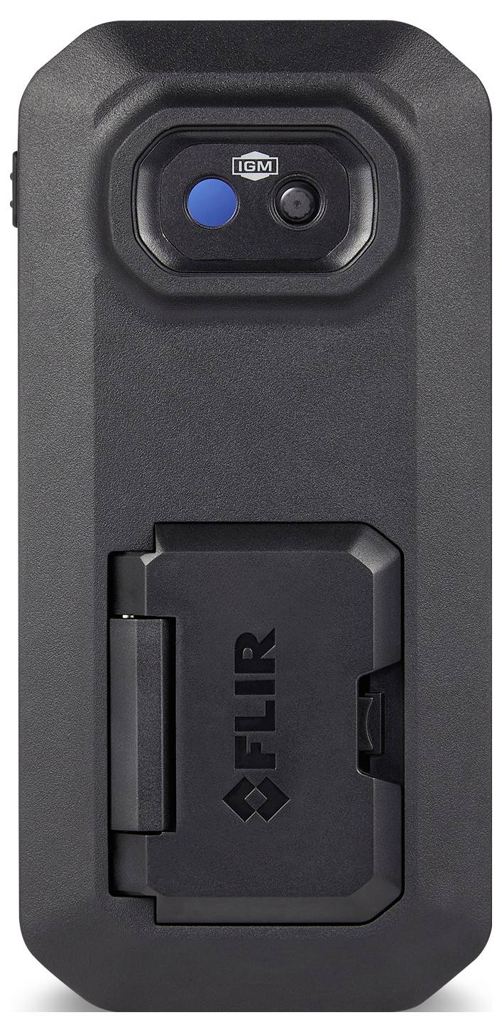 Schwarzes tragbares FLIR-Wärmekamera-Etui mit einem mit IGM gekennzeichneten Sensorfenster und klappbarem Batteriefach