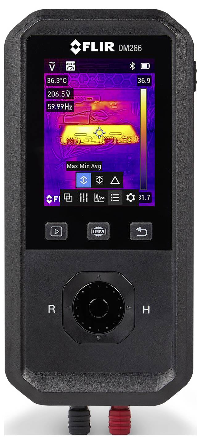 Tragbares FLIR DM266 Wärmekamera-Messgerät, das eine Wärmekarte einer elektronischen Komponente mit Temperaturanzeigen und Messsymbolen auf dem Bildschirm anzeigt.