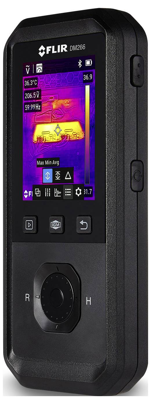 FLIR DM286 tragbares Wärmebild-Multimeter mit Wärmekamera-Display mit Temperaturmessungen und einer Wärmekarte auf seinem Bildschirm.