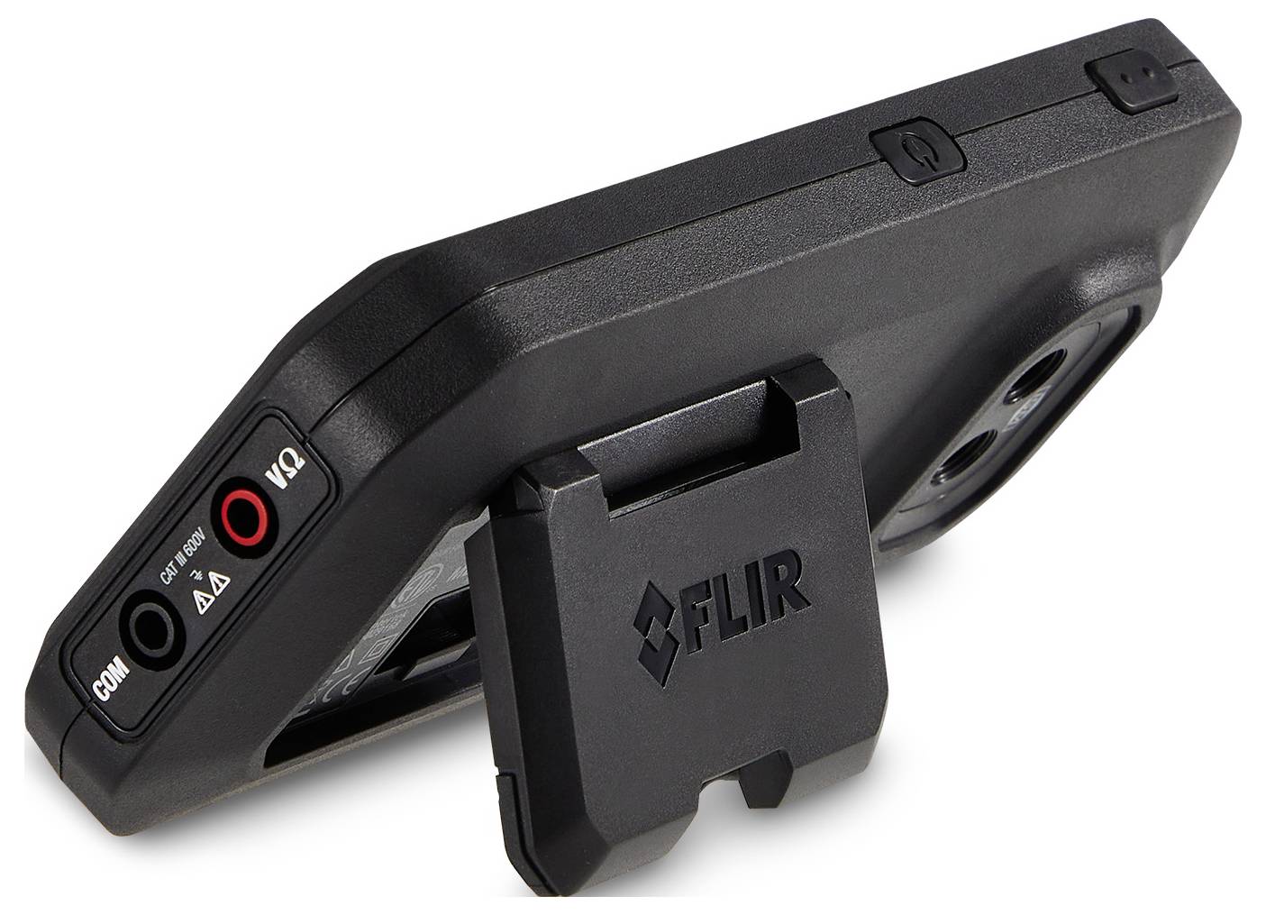 FLIR-Wärmekamera mit ausklappbarem Ständer, zeigt seitliche Bedienelemente, Objektiv und Display-Tasten auf weißem Hintergrund.