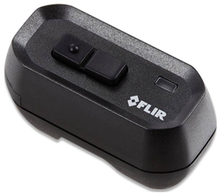 Schwarzes tragbares FLIR-Gerät mit zwei oberen Tasten und einer kleinen Anzeigelampe.