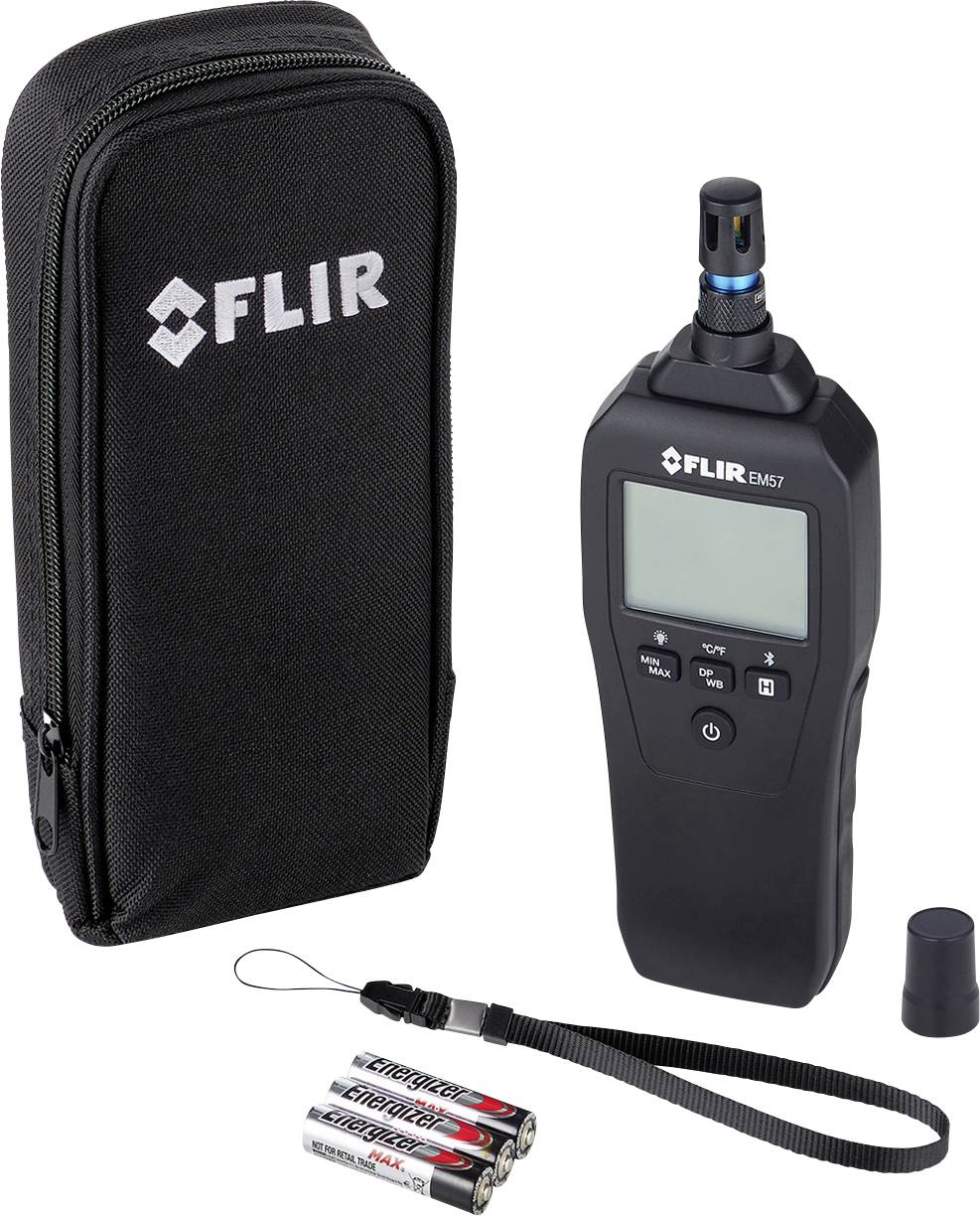 FLIR tragbares Messgerat-Set mit Transporttasche, Handgelenkschlaufe, Batterien und Sensorkappen auf weißem Hintergrund.