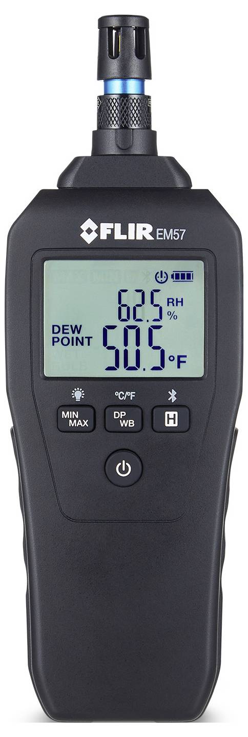Tragbares FLIR EM57-Messgerät zeigt Temperatur-, Feuchtigkeits- und Taupunktwerte auf einem digitalen Display an.