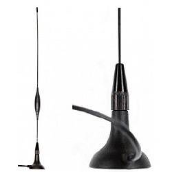 Schwarze ausziehbare Autofunkantenne mit Magnetfuß, in voller Länge und Nahaufnahme auf weißem Hintergrund dargestellt.