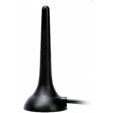 Schwarze Desktop-Antenne mit hohem verjüngtem Mast und am Sockel angebrachtem Kabel auf weißem Hintergrund