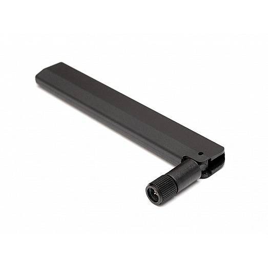 Schwarze externe kabellose Antenne mit rechteckigem Gehäuse und Gewindeverbinder auf weißem Hintergrund.