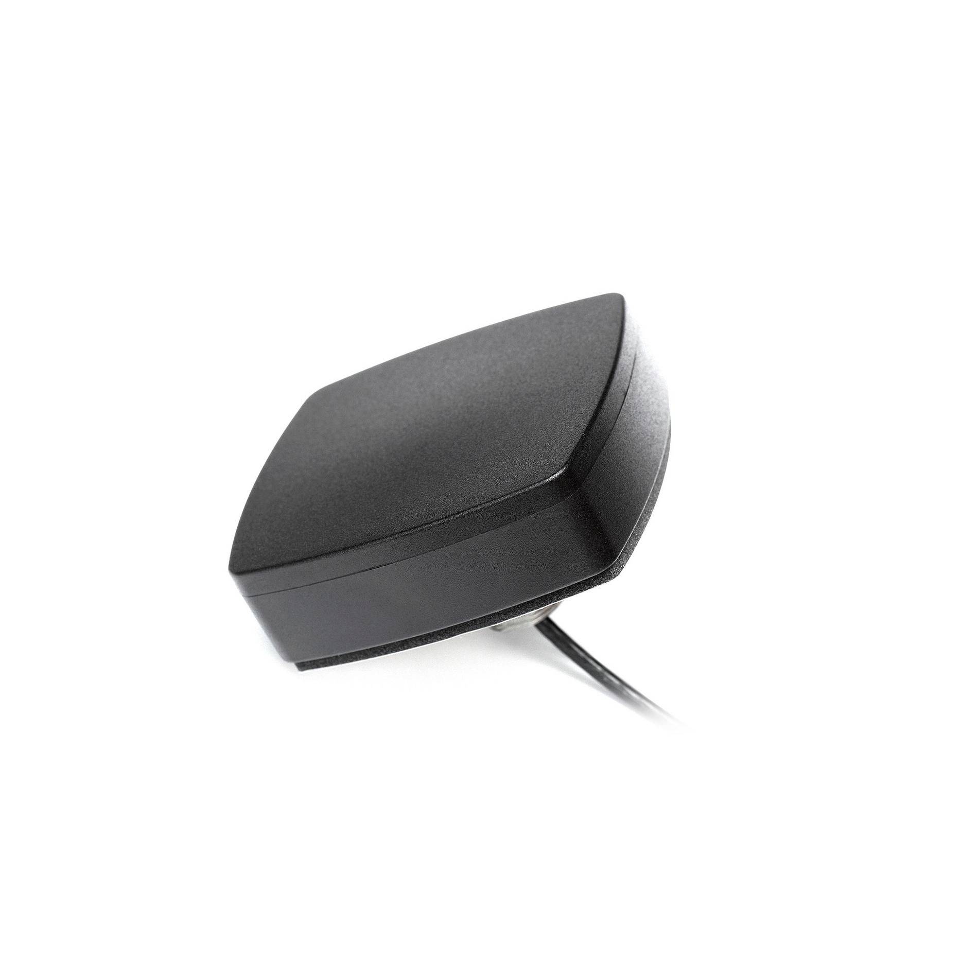 Schwarzer externer GPS-Empfänger in Puck-Form mit angebrachtem Kabel auf weißem Hintergrund.