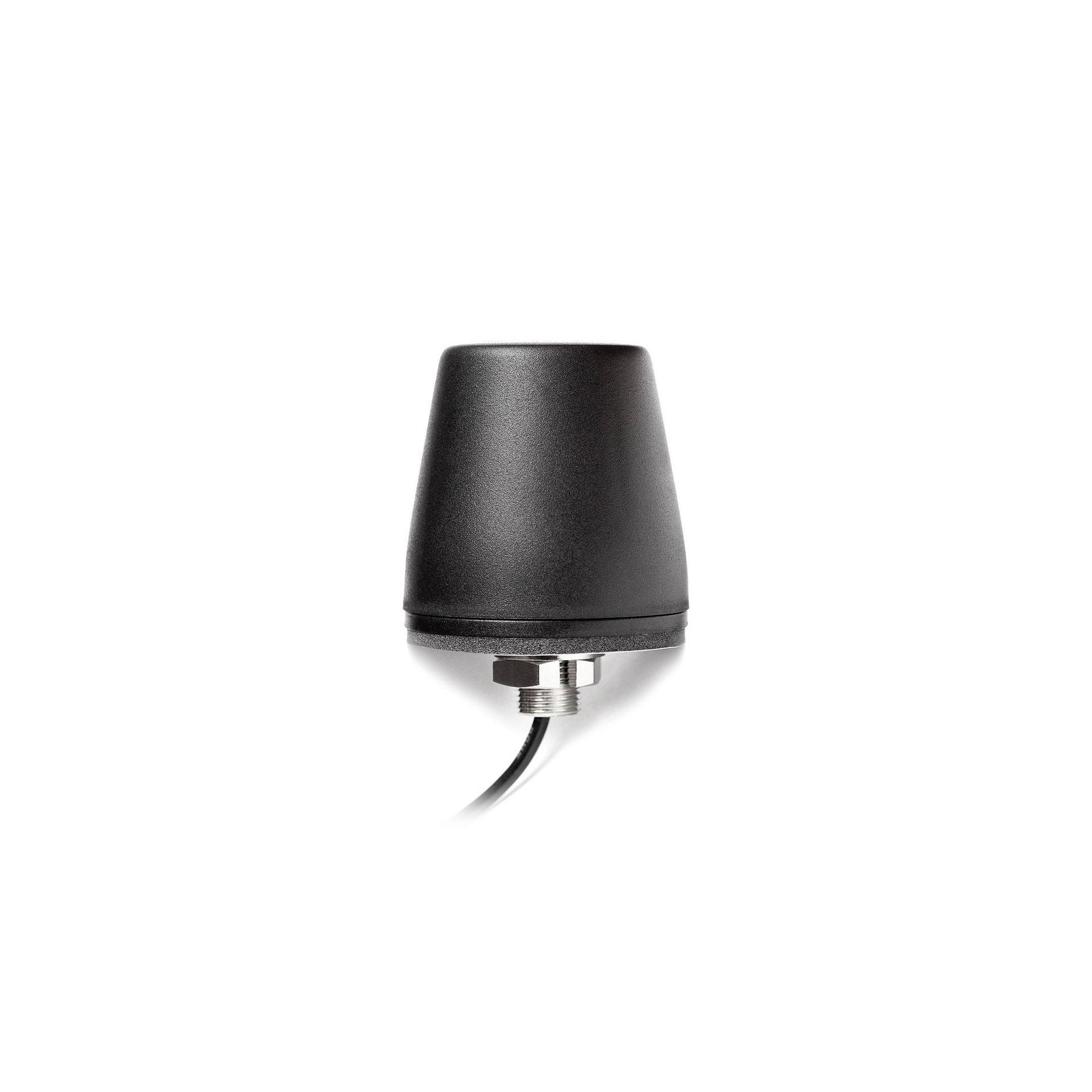 Schwarze zylindrische Antenne mit Gewindeverbinder und angebrachtem Kabel auf weißem Hintergrund.