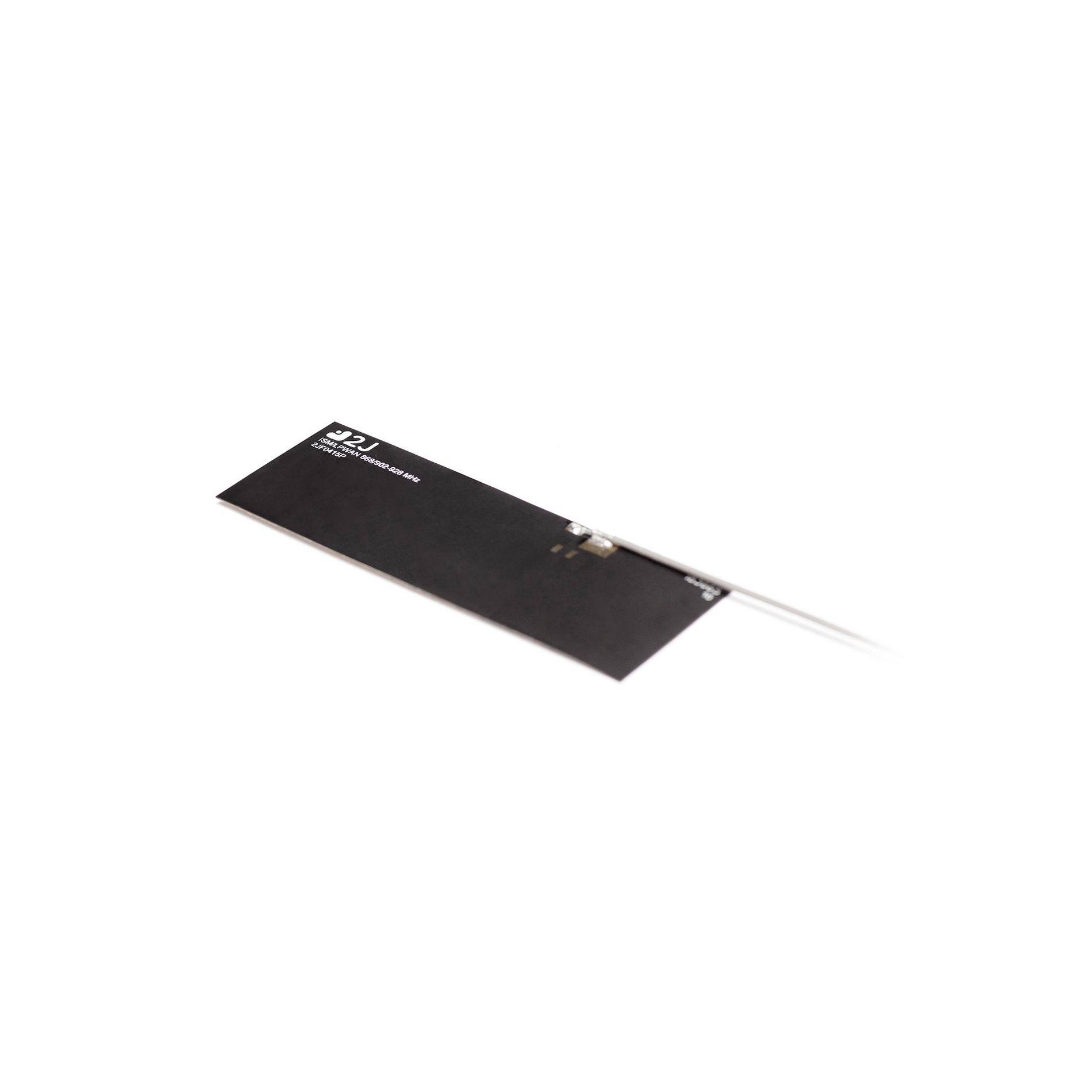 Schwarzes rechteckiges Sensor- oder Elektronikmodul mit zwei angeschlossenen weißen Drähten auf weißem Hintergrund.