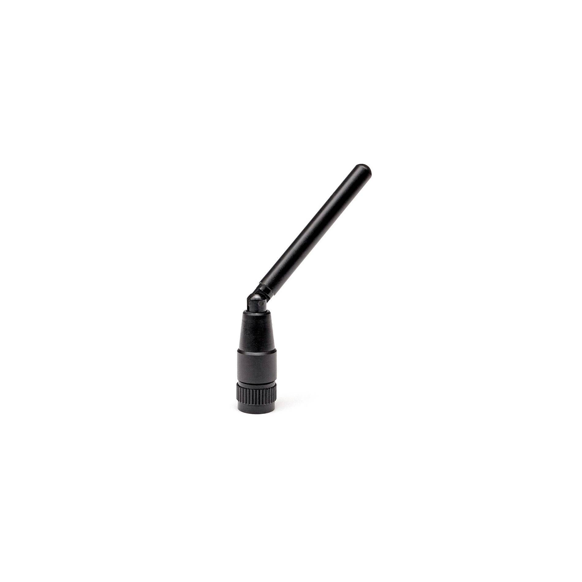 Schwarze verstellbare Antenne mit abgewinkeltem Stab auf gewindelierter Basis, isoliert auf weißem Hintergrund.