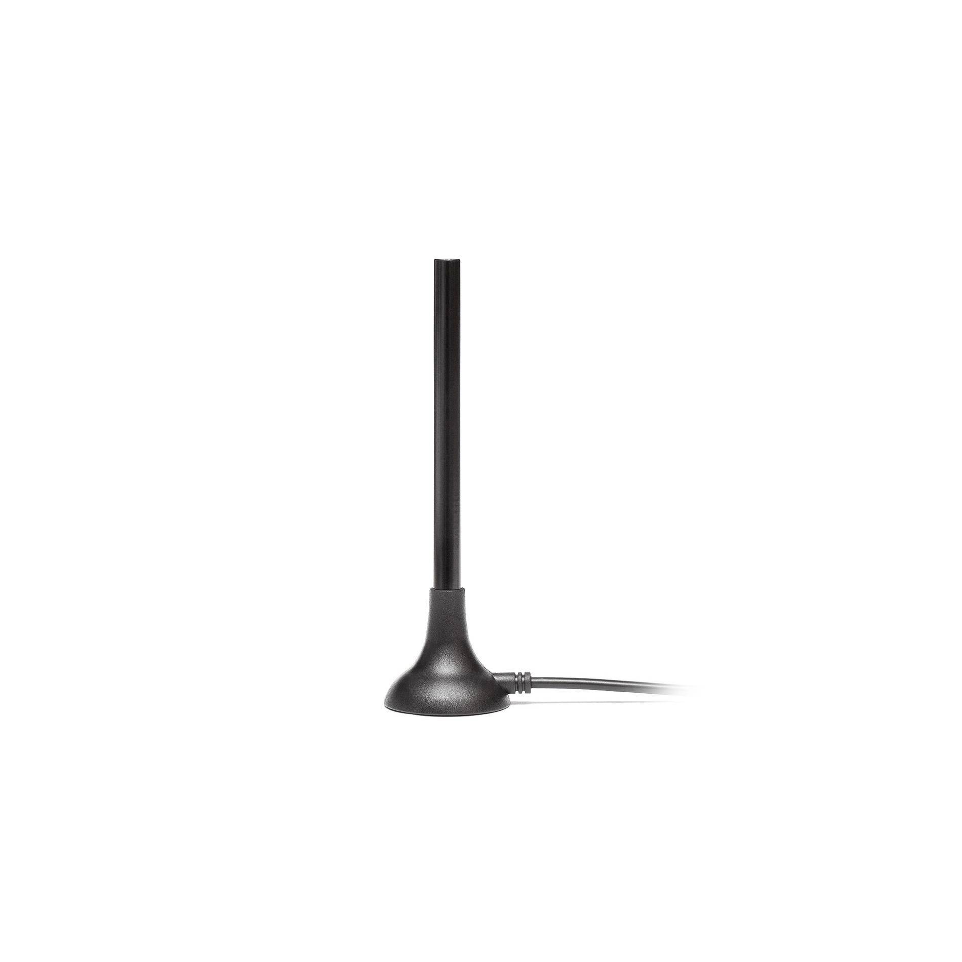 Schwarze drahtlose Antenne oder Sensor mit vertikalem Stab und rundem Sockel auf weißem Hintergrund.