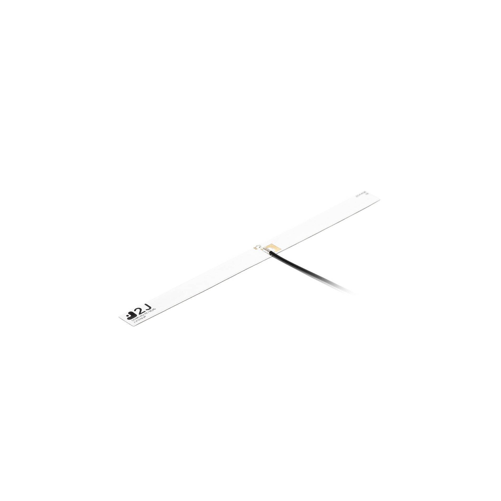 Minimalistische Produktabbildung eines dünnen weißen Streifens mit einem kleinen Stecker und einem schwarzen Kabel, gezeigt auf einem schlichten weißen Hintergrund.