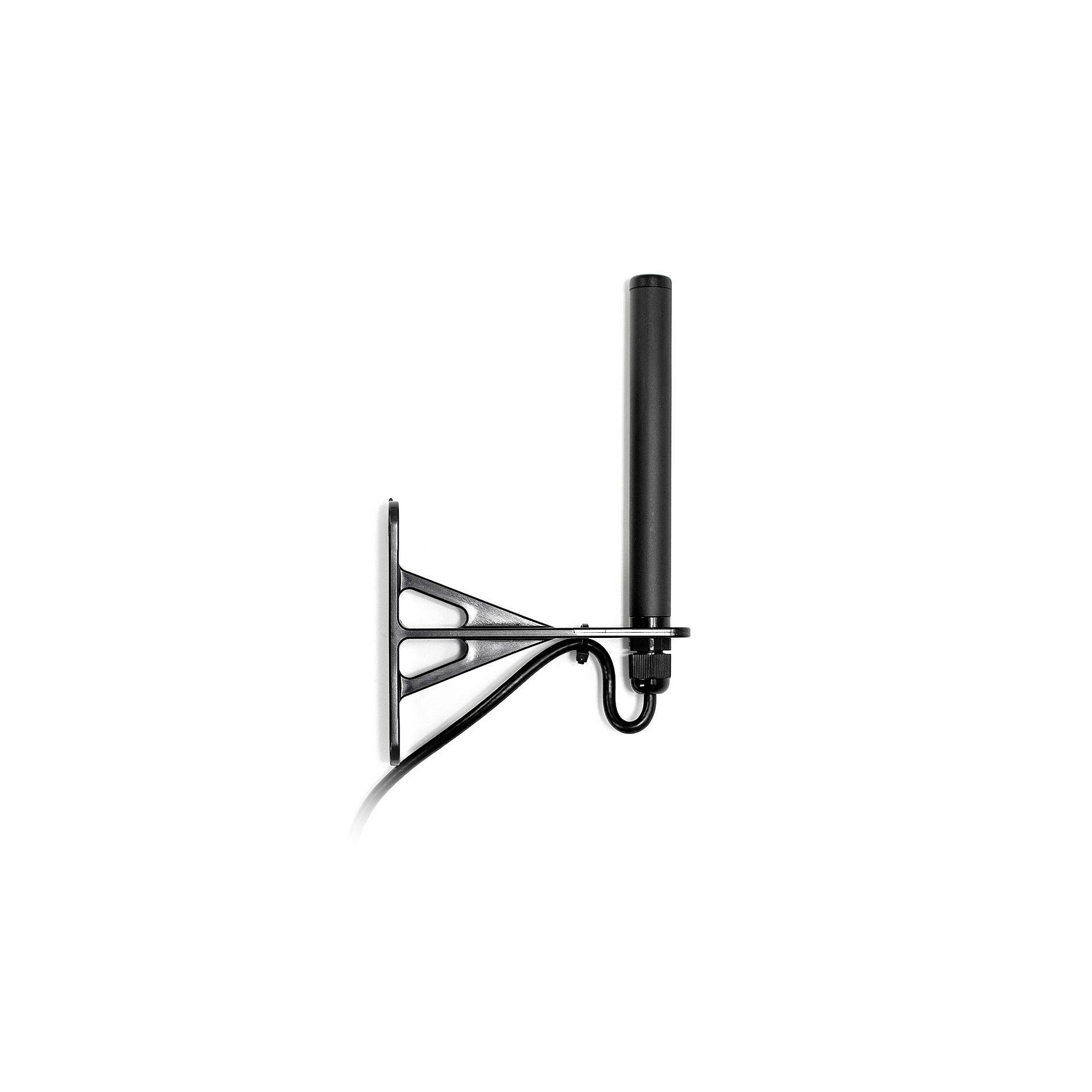 Wandmontierte schwarze Antenne oder Signalverstärker mit vertikalem Zylinderstab und Halterung, isoliert auf weißem Hintergrund.