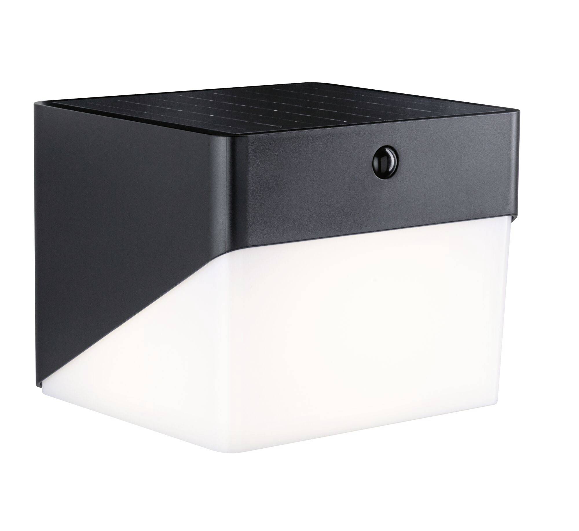 Schwarze Außenwandleuchte mit quadratischem mattem Gehäuse und mattiertem Diffusor, auf weißem Hintergrund dargestellt.