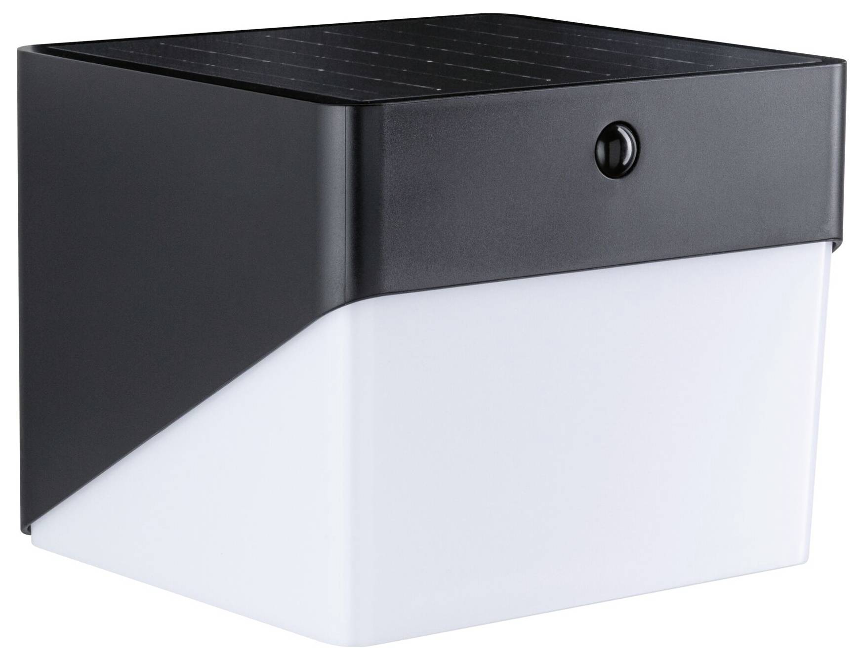 Moderne schwarze Außenwandleuchte mit mattweißem Diffusor, gezeigt vor weißem Hintergrund.