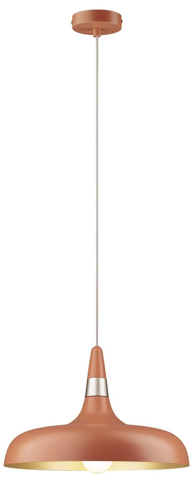 Kupfer-Pendelleuchte mit langem weißem Kabel und kuppelförmigem orangefarbenem Schirm, auf weißem Hintergrund dargestellt.