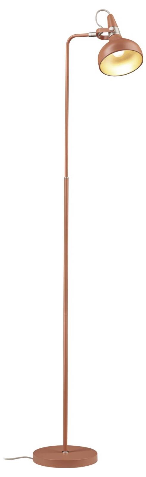 Hohe Stehlampe in Kupferfarbe mit einem gebogenen verstellbaren Kopf, leuchtender Glühbirne und rundem Sockel auf weißem Hintergrund.