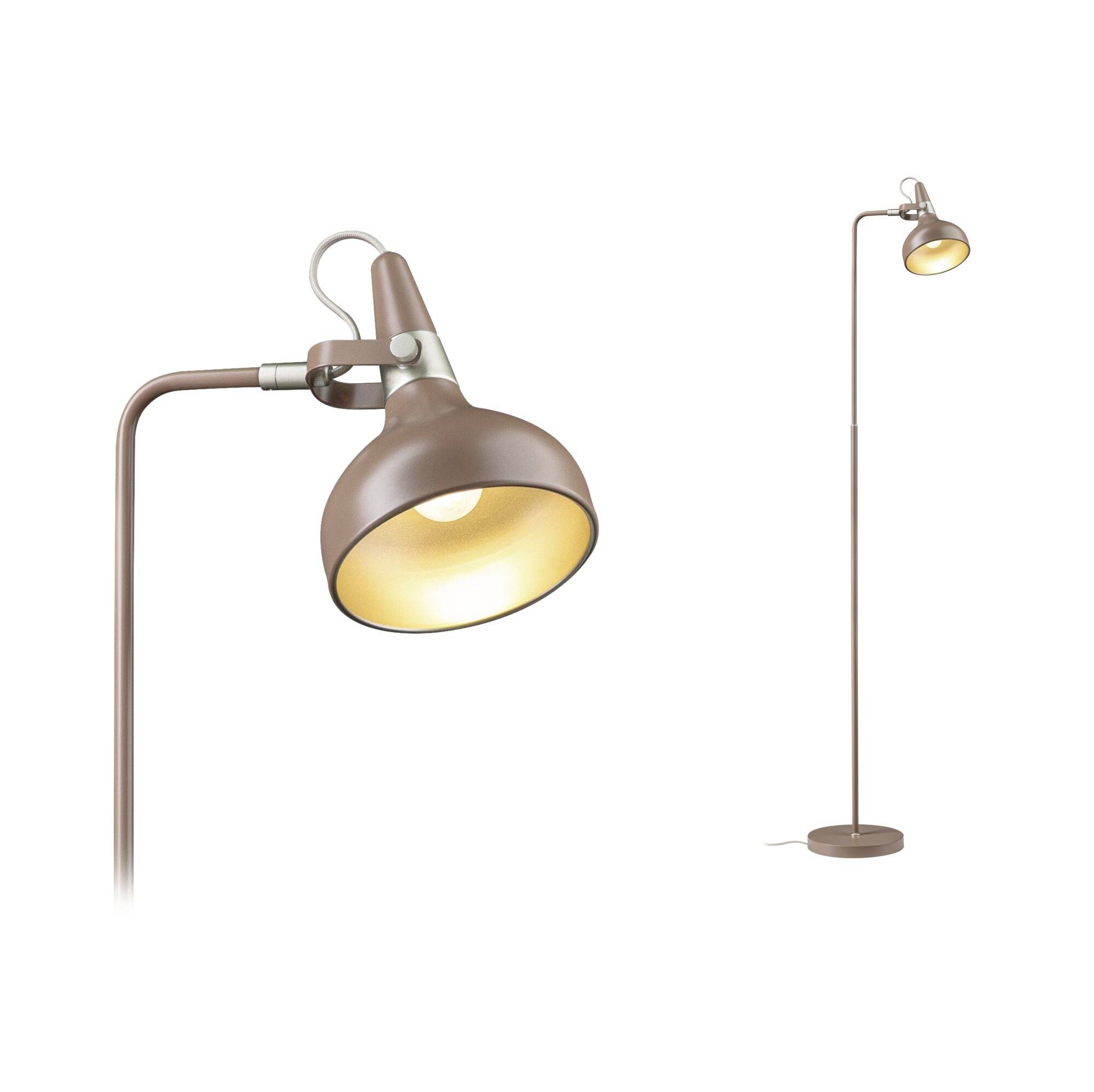 Braune Metallstehlampe mit geschwungenem Arm und verstellbarem Spotlightkopf, shown in Nahaufnahme und Gesamtansicht auf weißem Hintergrund.