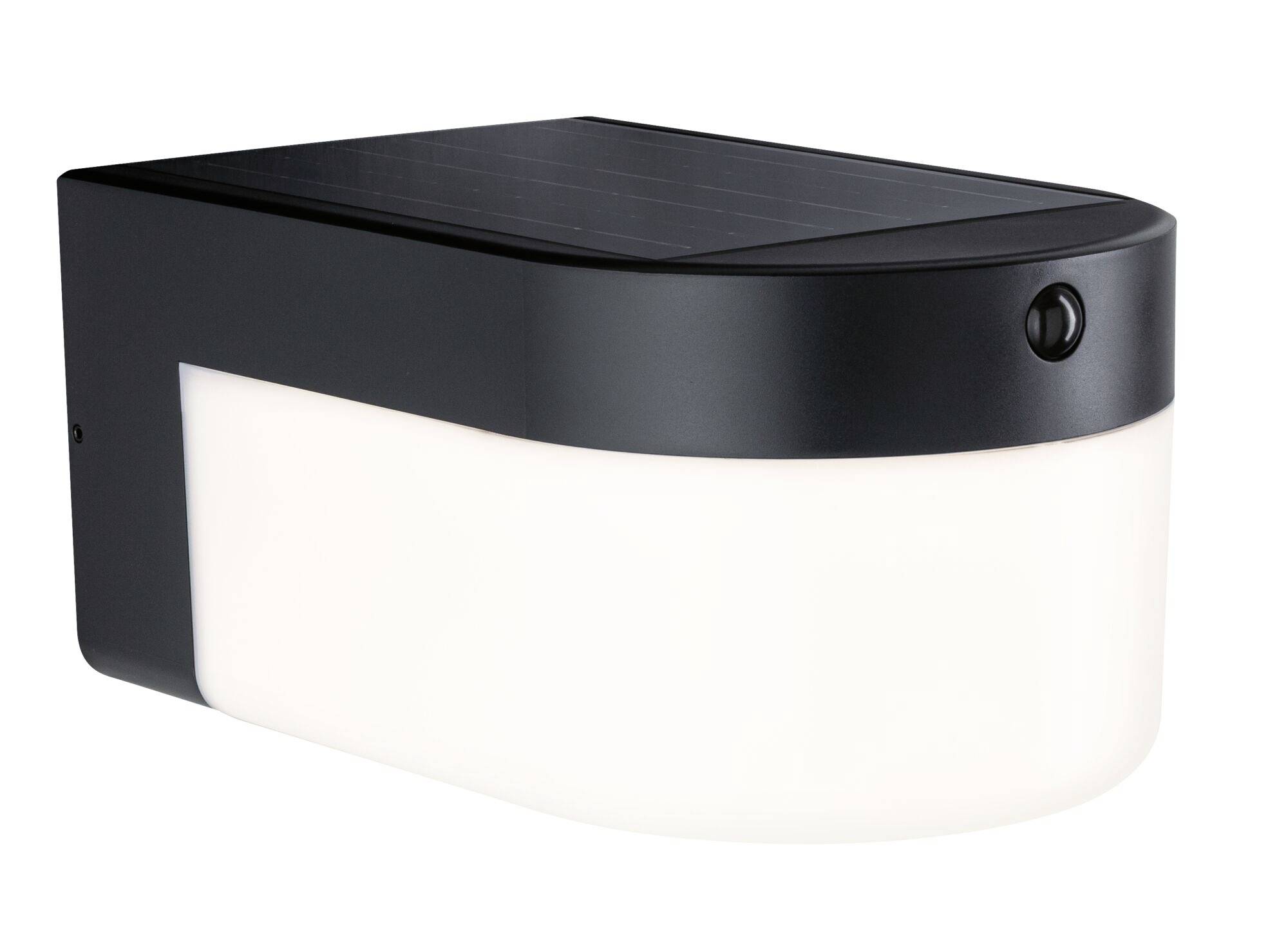 Schwarze rechteckige Solar-Außenwandleuchte mit leuchtender weißer Frontplatte und kleinem Sensor auf der rechten Seite.