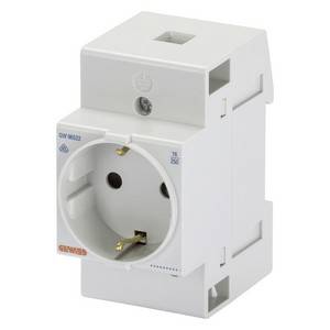 Weißes Elektrosteckdosenmodul mit rundem Europastecker, konzipiert zur Montage in einem Schaltschrank oder Gehäuse.