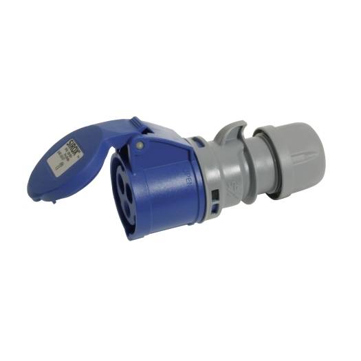 Blauer und grauer Stecker für Stromversorgung mit aufklappbarer Schutzkappe auf weißem Hintergrund.
