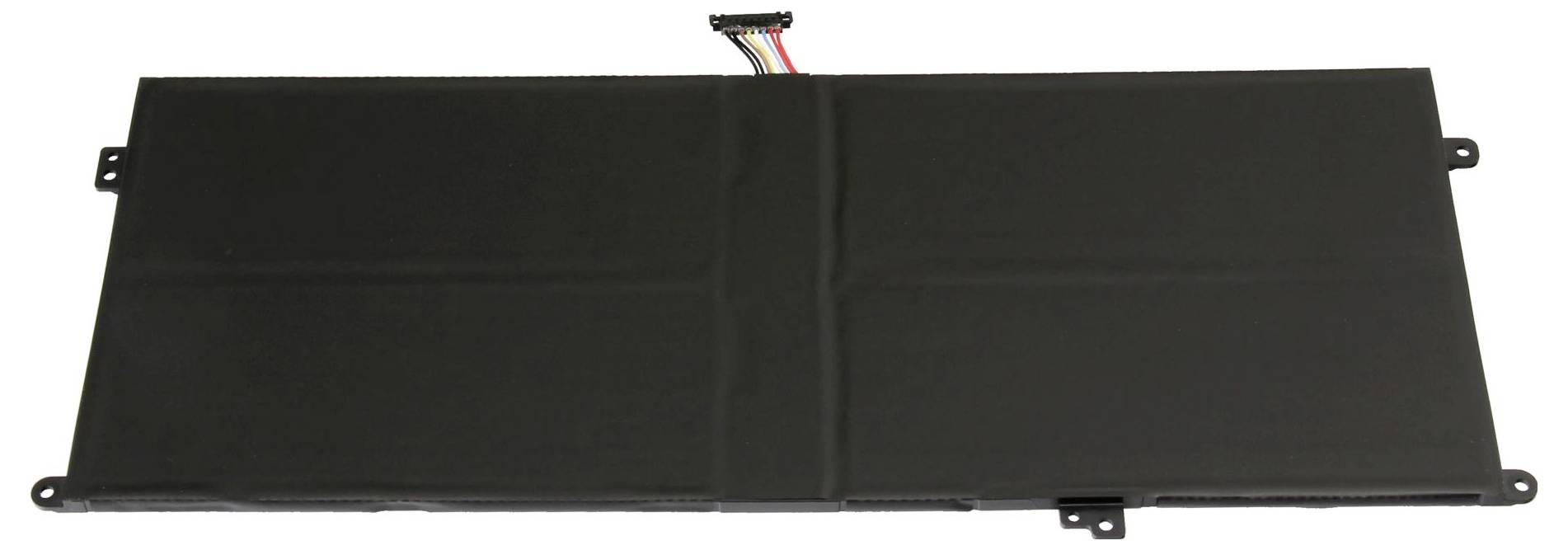 Ein schwarzes rechteckiges Solarpanel mit Montagelaschen, von vorne gegen einen weißen Hintergrund gezeigt.