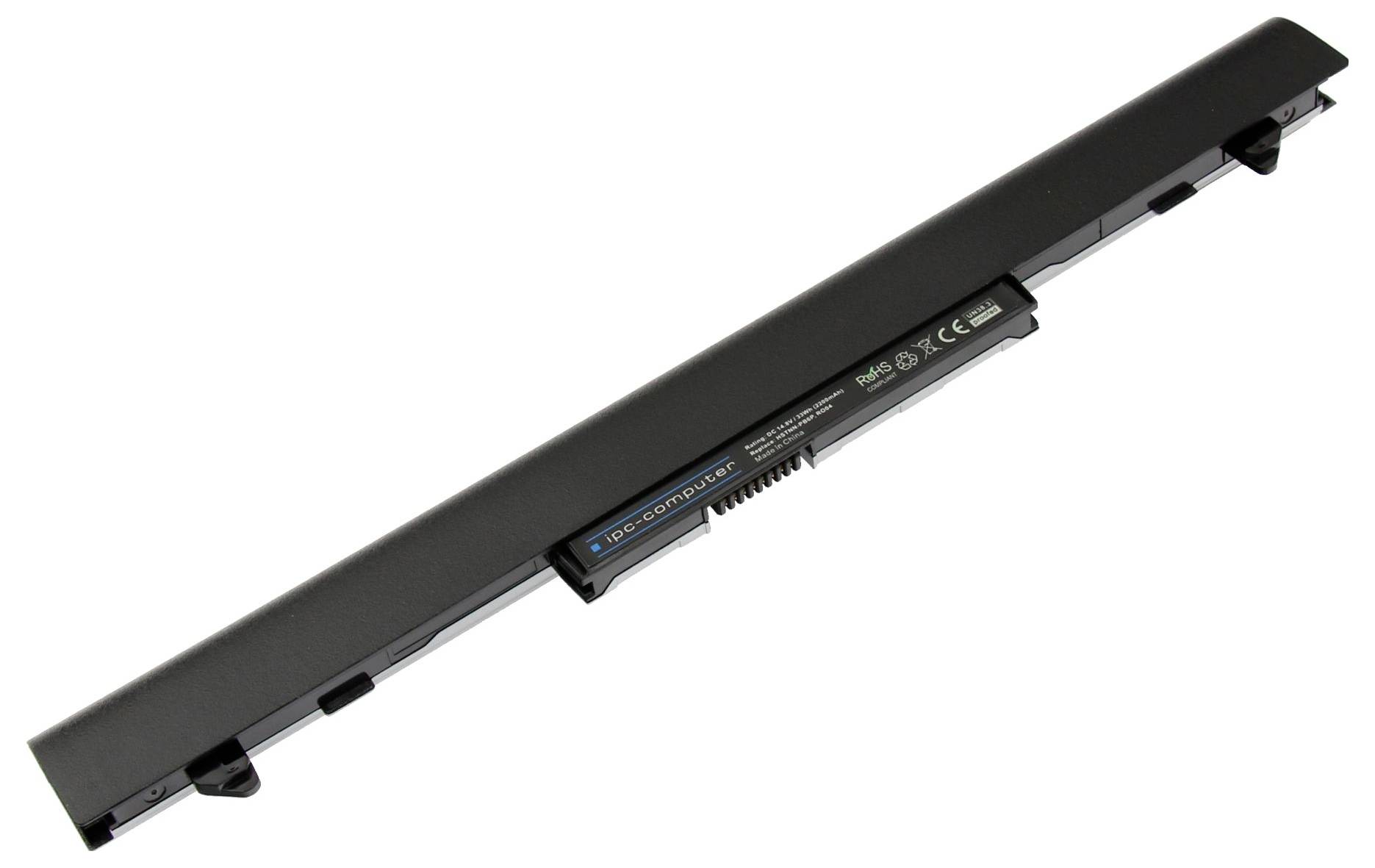Schwarzes Laptop-Akku-Pack in perspektivischer Ansicht auf weißem Hintergrund.