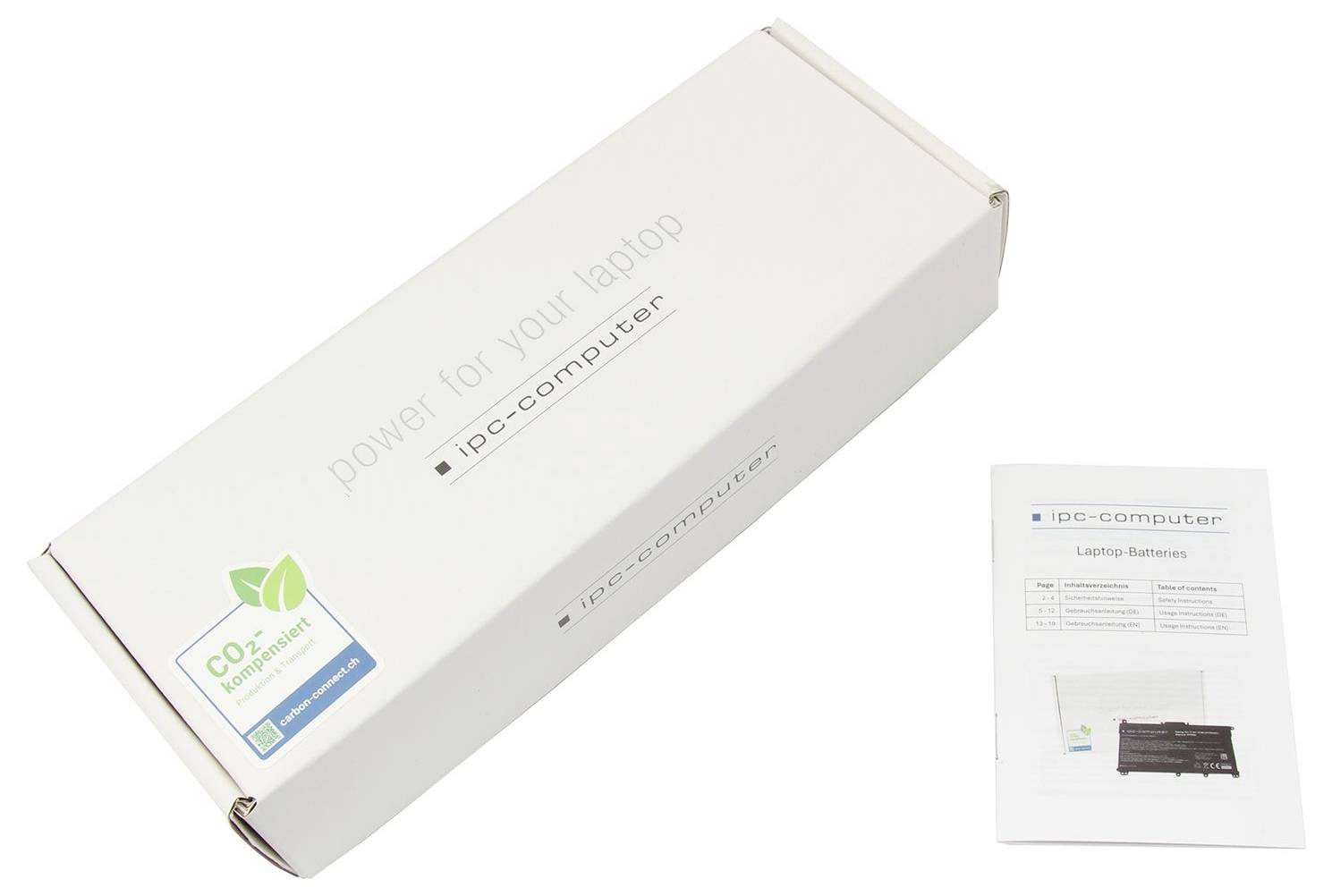 Weiße rechteckige Laptop-Batteriebox mit der Bezeichnung 