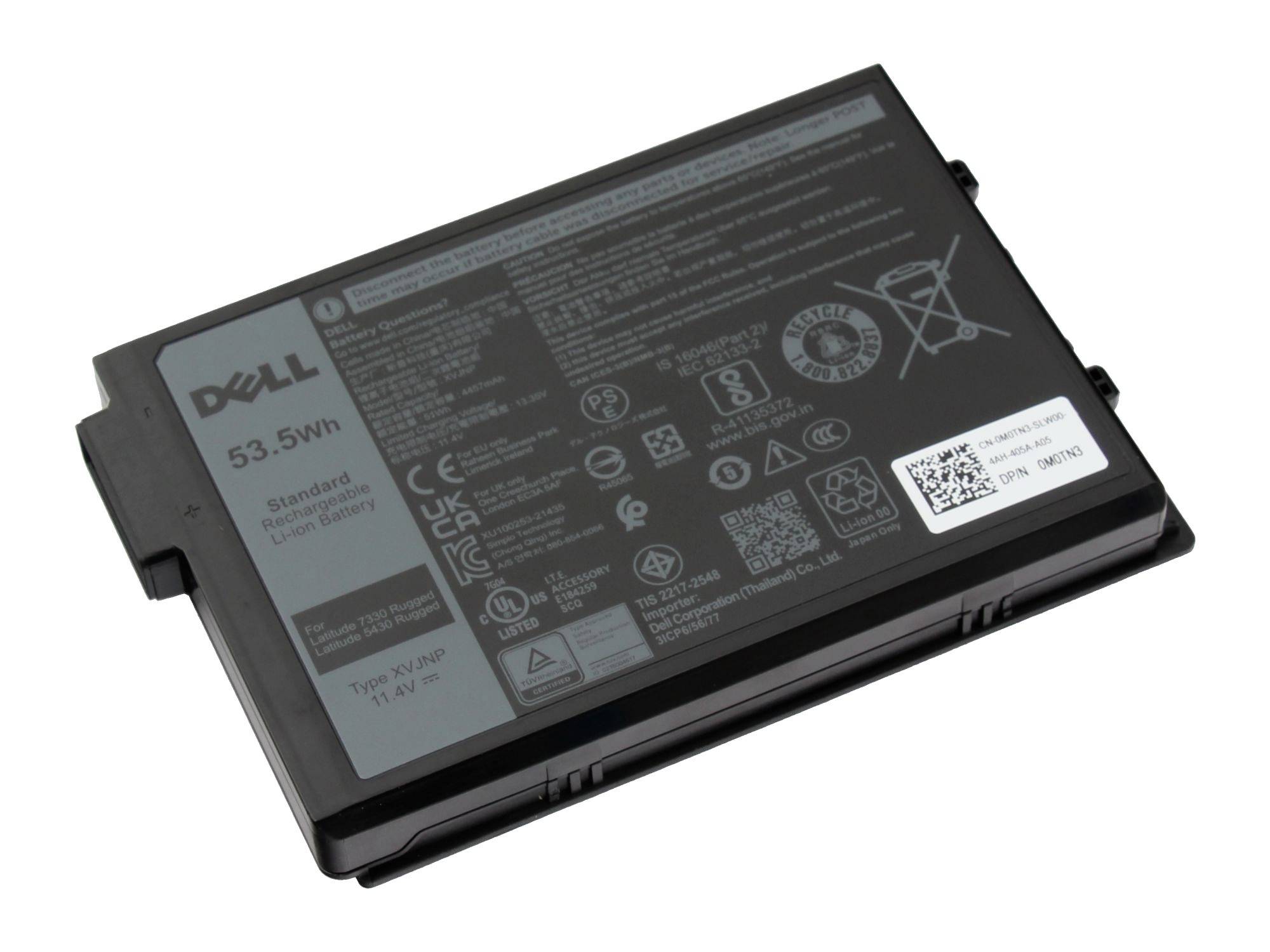 Dell-Laptop-Akku mit einer Nennleistung von 53,5 Wh auf weißem Hintergrund abgebildet.