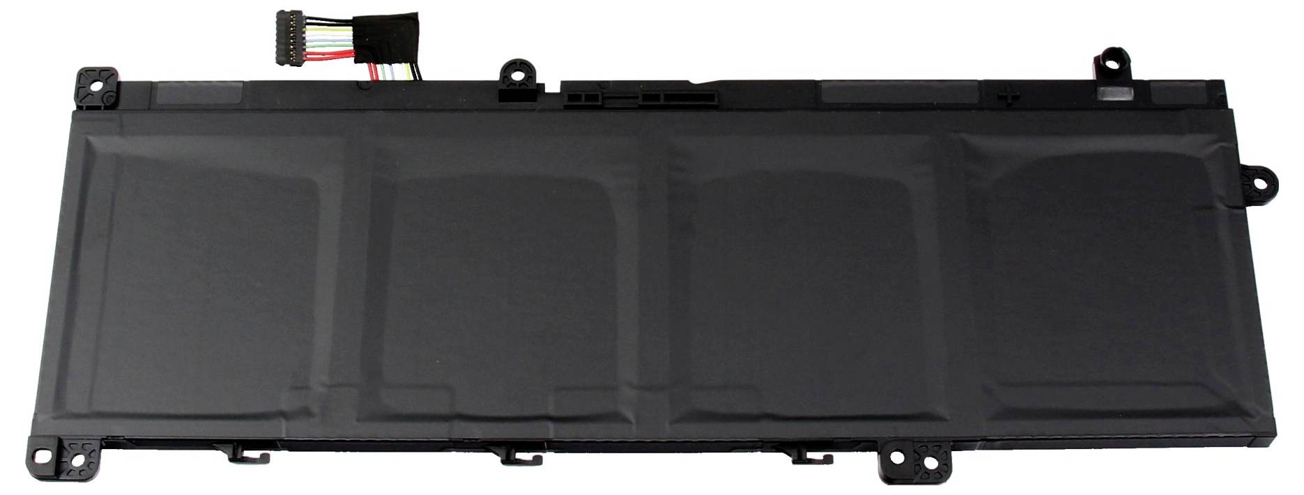 Schwarze Laptop-Batteriepack mit Anschlussdrähten und Befestigungslaschen, isoliert auf weißem Hintergrund dargestellt.