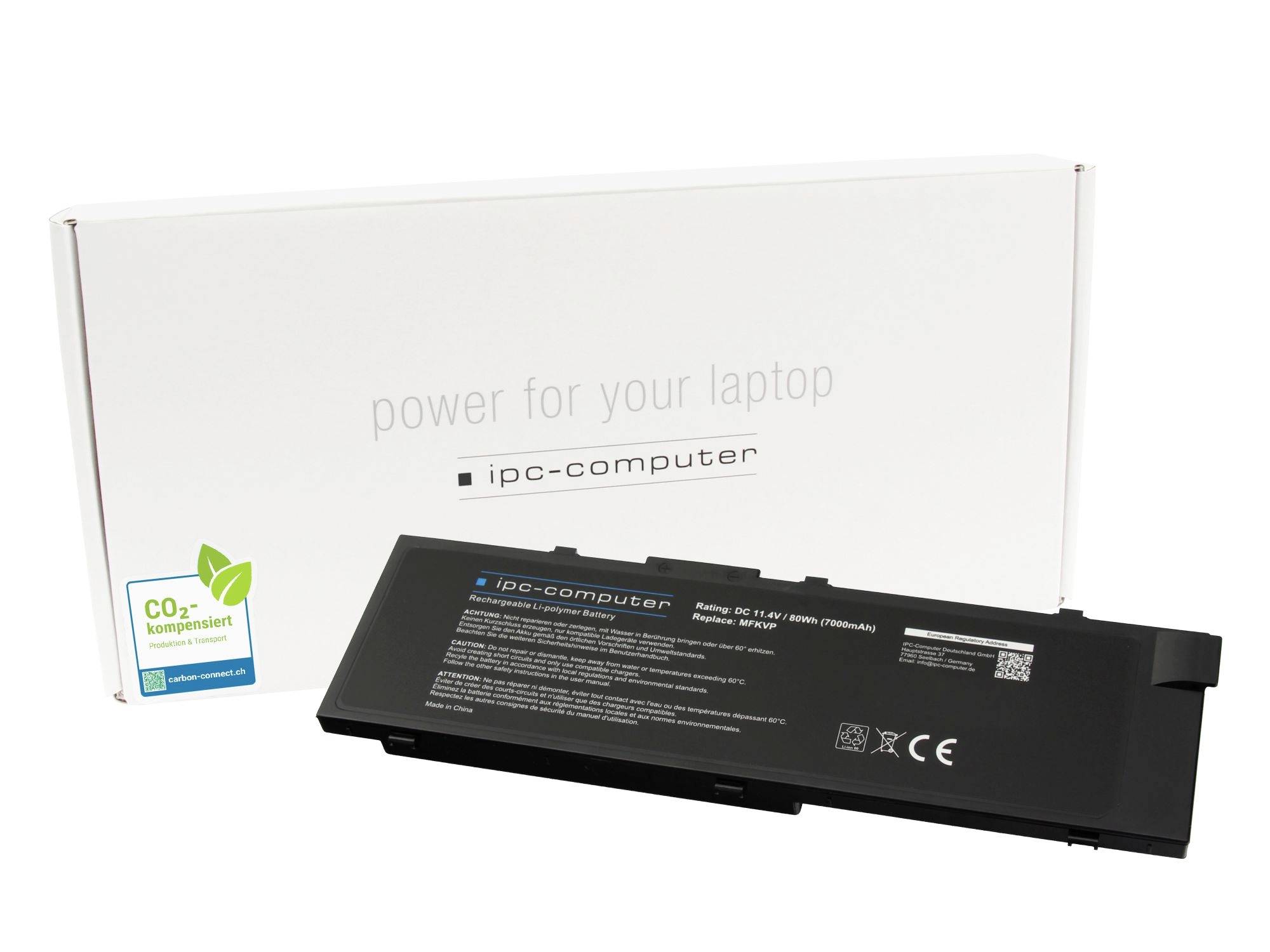 Schwarzer Laptop-Akku vor seiner weißen Verpackungsschachtel, die mit „Energie für Ihren Laptop