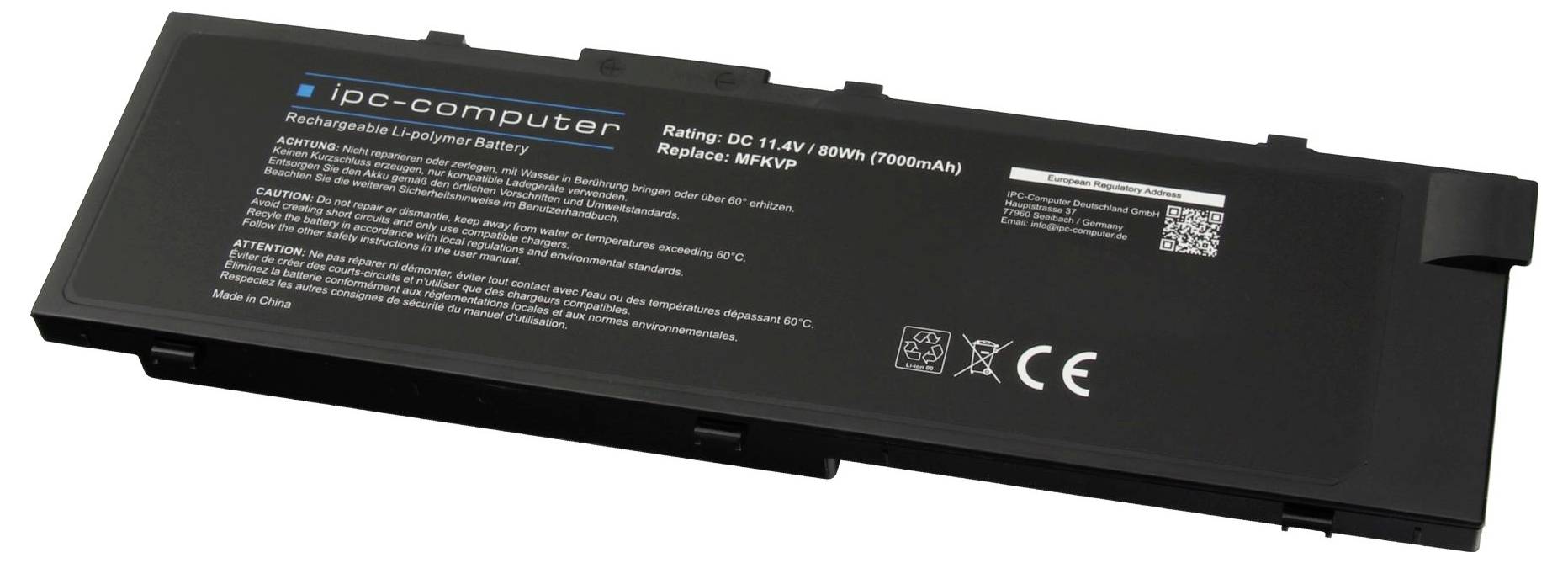 Schwarze wiederaufladbare Laptop-Batterie mit der Bezeichnung "ipo-computer", auf dem Gehäuse sind Modell- und Nennwertinformationen angebracht.