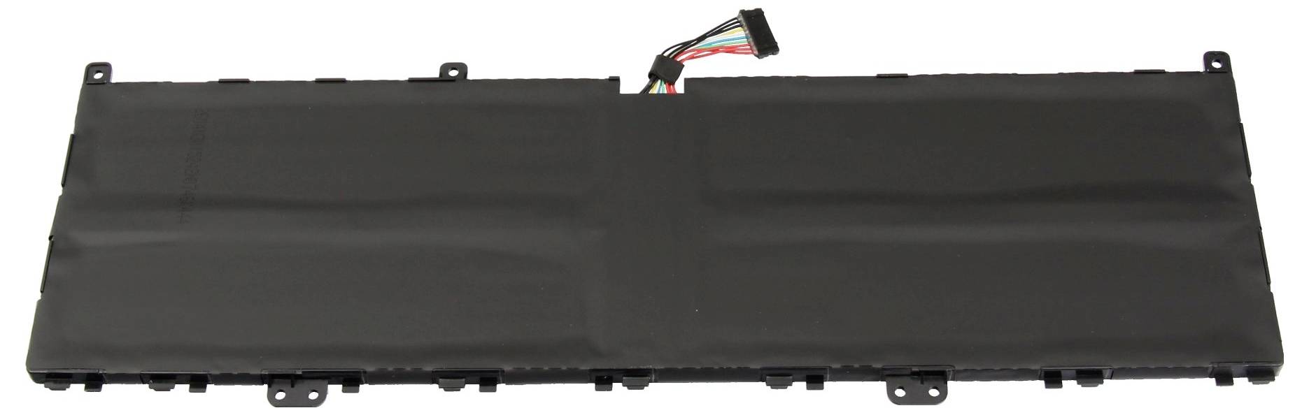 Schwarzer rechteckiger Laptop-Akku mit angebrachtem Stromstecker und Befestigungslaschen, dargestellt auf weißem Hintergrund.