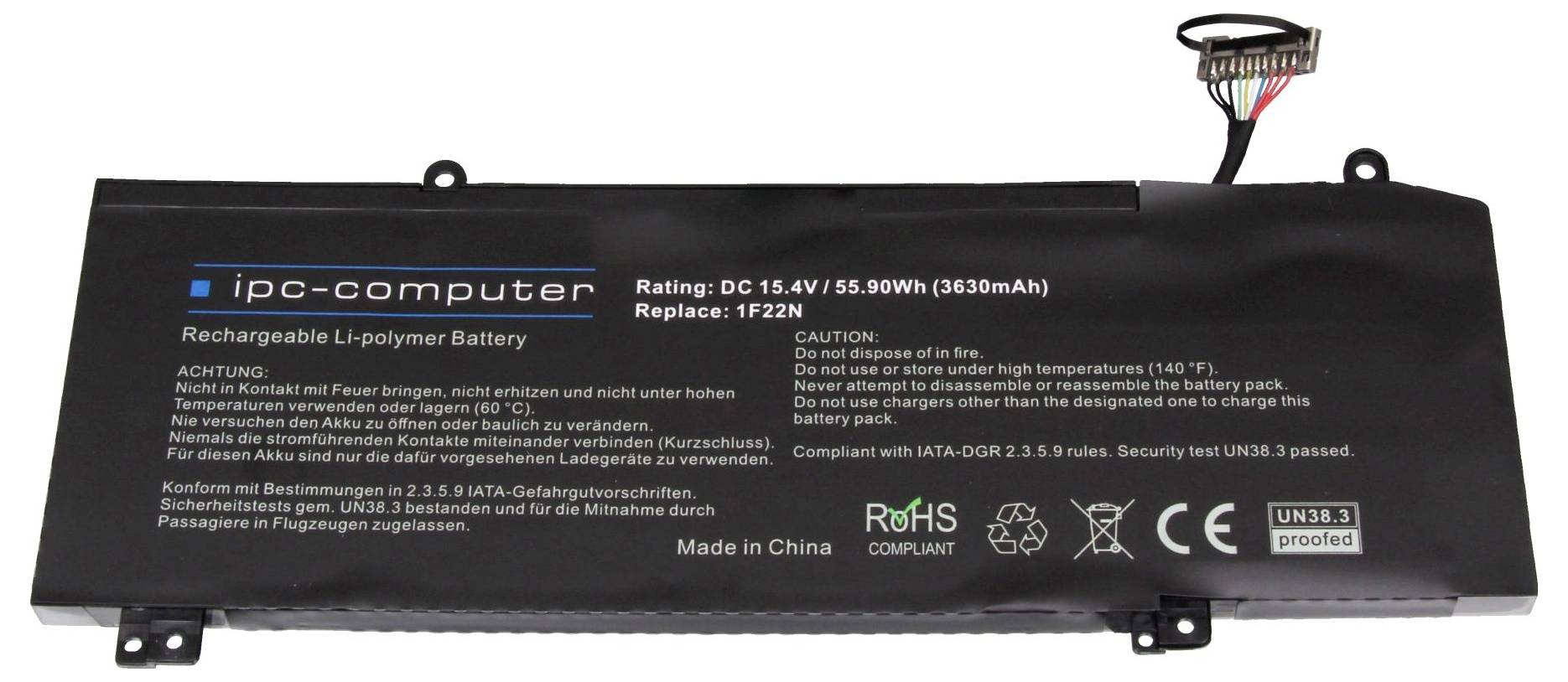 Schwarzer IPC-Computer wiederaufladbarer Li-Polymer-Akku mit Etikett, Sicherheitswarnungen und angeschlossenem Steckverbinder.