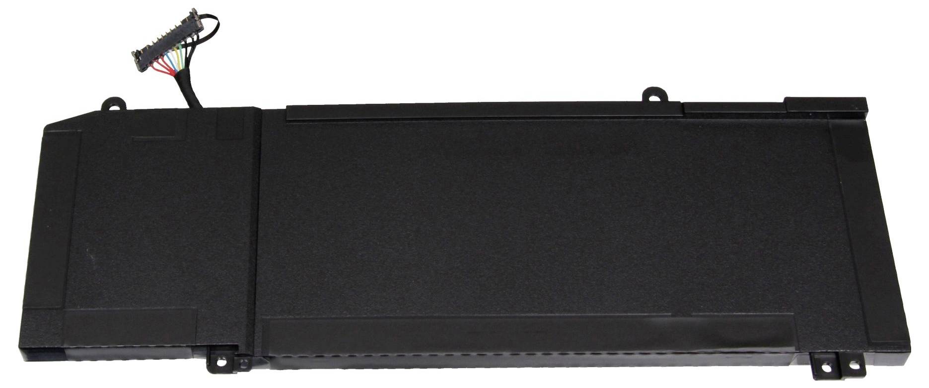 Schwarzes rechteckiges Laptop-Akkupack mit angeschlossenem Kabel und Stecker, gezeigt vor weißem Hintergrund.