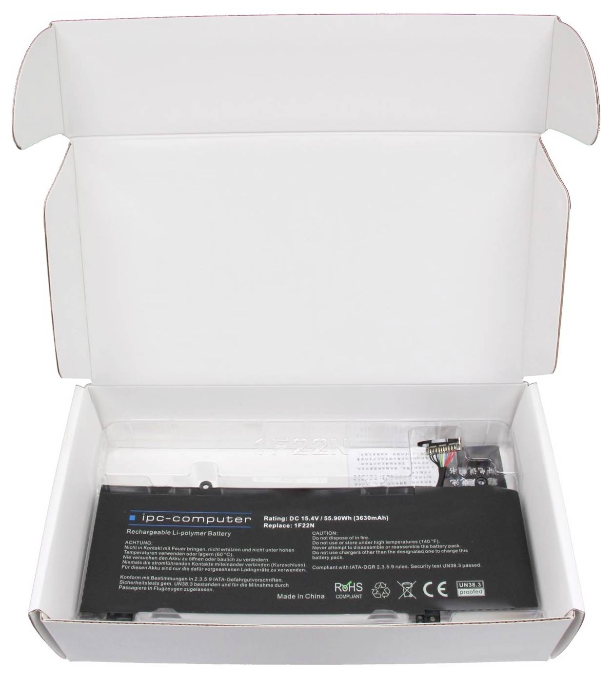 Offene weiße Versandbox mit einer schwarzen wiederaufladbaren Lithium-Polymer-Batterie und einem kleinen Schaltkreis-Zubehörteil in klarer Kunststoffverpackung.