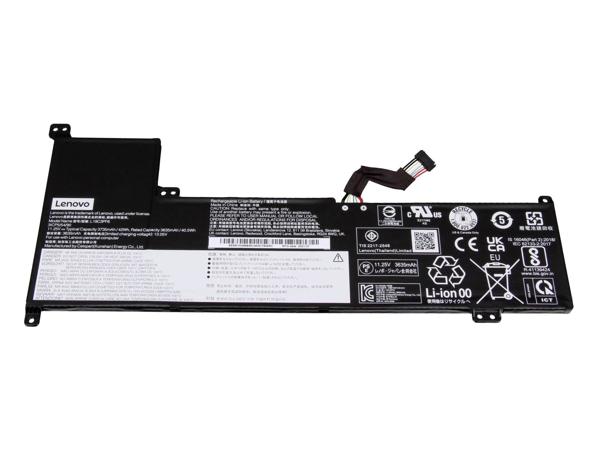 Lenovo Laptop-Akku mit Anschlusskabel und gedruckten Sicherheitsetiketten auf weißem Hintergrund.