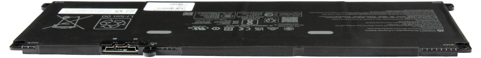 Schwarze Laptop-Batterie von der Unterseite gezeigt, mit Beschriftungen, Warnsymbolen und Steckkontakten an einem Ende.
