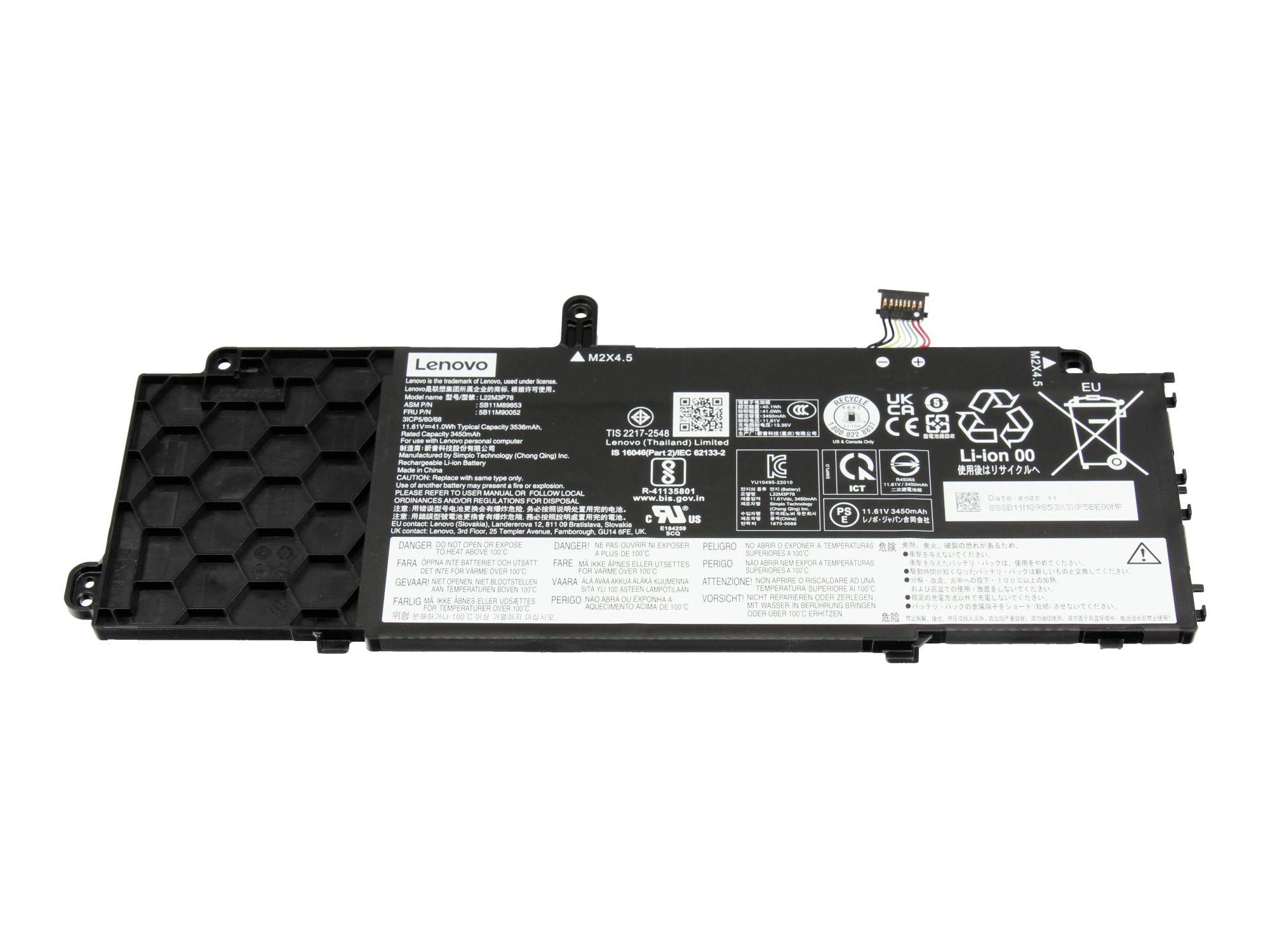 Lenovo Laptop-Akku mit Anschlüssen und Warnhinweisen auf weißem Hintergrund.