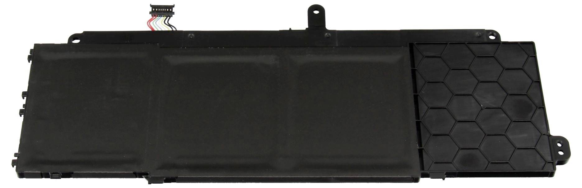 Schwarzes rechteckiges elektronisches Modul oder Akkupack mit wabenförmigem Muster auf der rechten Seite und angebrachten Drähten oben.