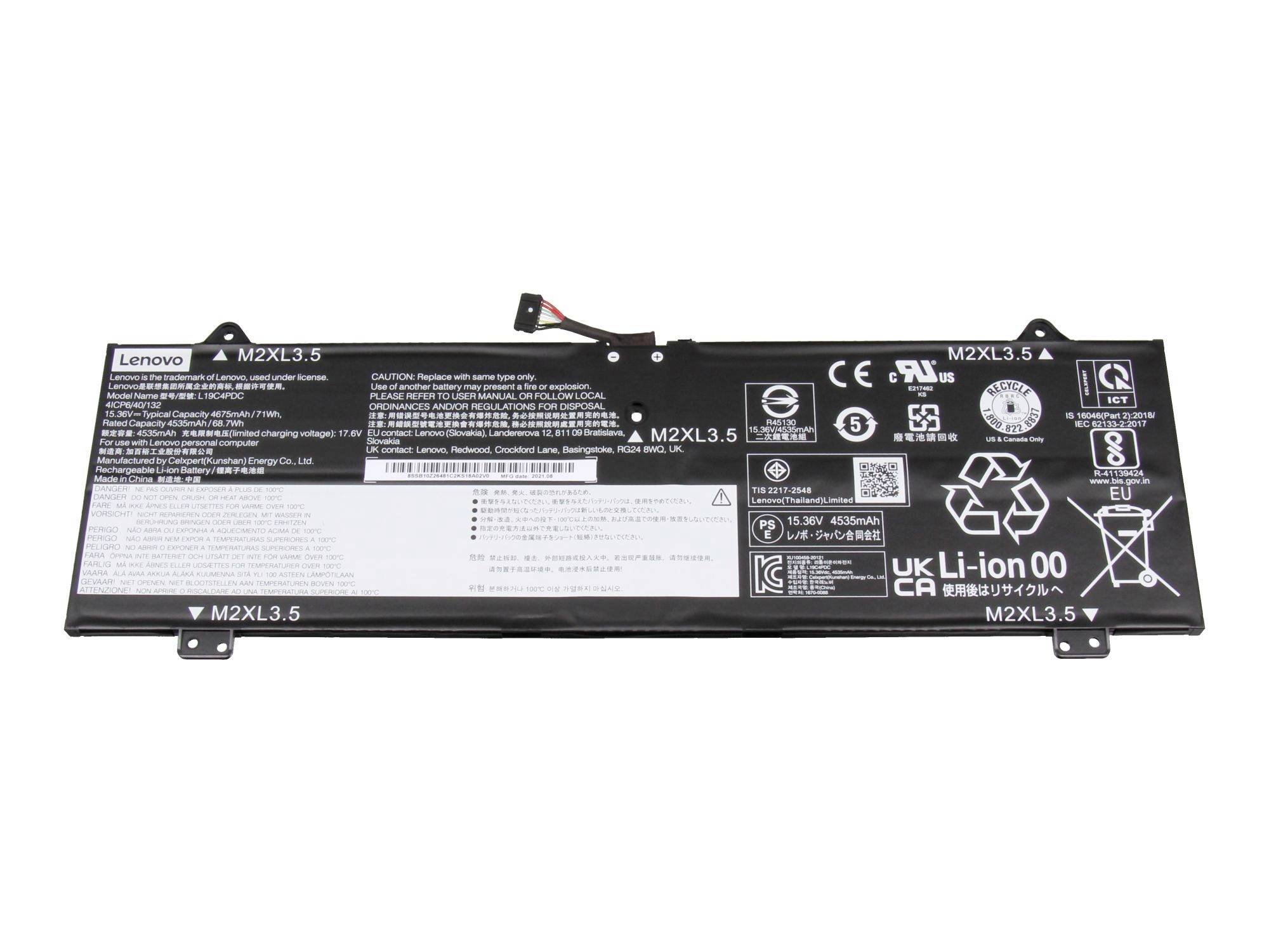 Lenovo Laptop-Akkupack mit der Bezeichnung M2XL3.5 mit Warn- und Zertifizierungssymbolen auf weißem Hintergrund.