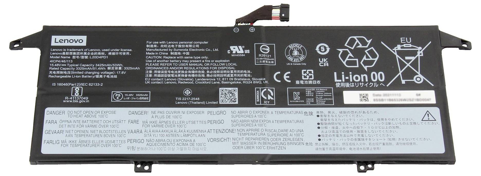 Lenovo Laptop-Akku-Etikett mit Sicherheitswarnhinweisen, Zertifizierungssymbolen und Li-Ionen-00-Recycling-Symbolen.